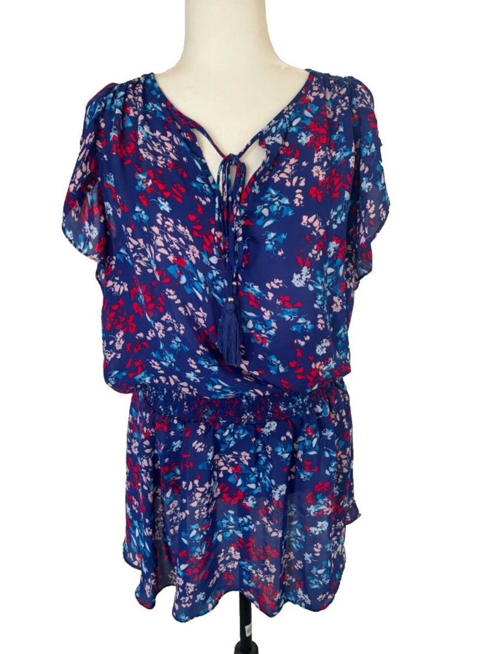 PARKER Dress Medium Short Sleeve Mini Purple Floral Smocked Waist Tassle Tie
